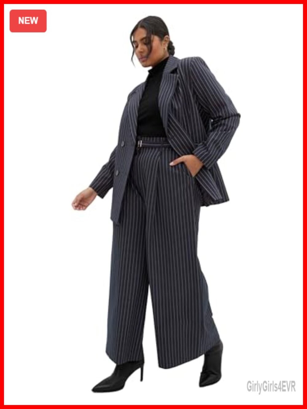 Plus Size Pinstripe Wide Leg Pants High Rise Pleated Trousers Office
